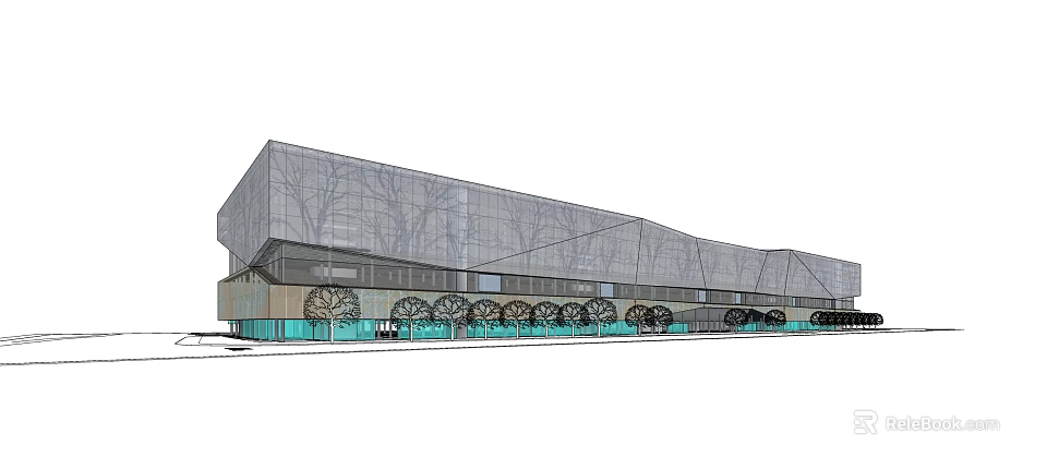 Modern Commercial Building Featuring Grid Facade Green Glass Base And Trees In Front 3d model 