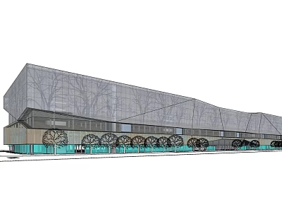 Modern Commercial Building Featuring Grid Facade Green Glass Base And Trees In Front 3d model