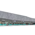 Modern Commercial Building Featuring Grid Facade Green Glass Base And Trees In Front