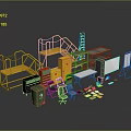 Work Area Setup With Yellow Metal Frames Red Lockers Green Trash Bin And Office Supplies