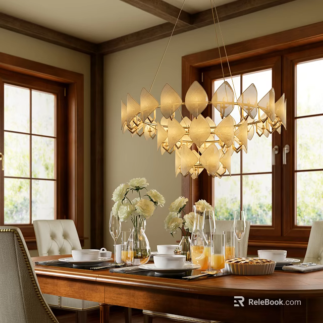 Elegant Petal Shaped Chandelier Above Dining Table With Fresh Flowers And Windows 3d model 