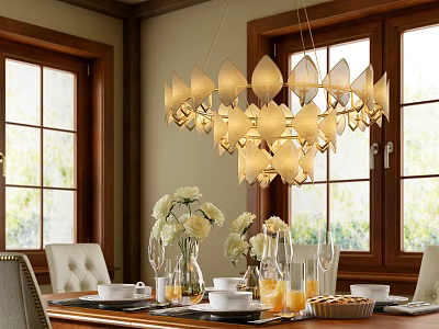 Elegant Petal Shaped Chandelier Above Dining Table With Fresh Flowers And Windows 3d model