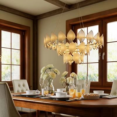 Elegant Petal Shaped Chandelier Above Dining Table With Fresh Flowers And Windows 3d model