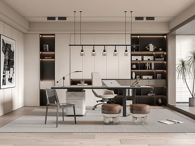 Modern Home Office Interior Design With Wooden Shelves Desk Chair Pendant Lights And Rug 3d model