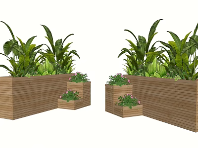Decorative Wooden Flower Planters Featuring Green Plants And Small Flowers 3d model