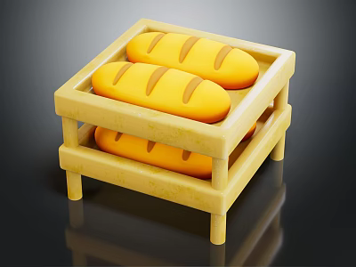 Wooden Rack Holding Three Yellow Bread Loaves With Brown Stripes 3d model