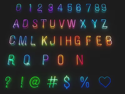 Bright Neon Decorative Lights With Colorful Letters Numbers And Symbols 3d model