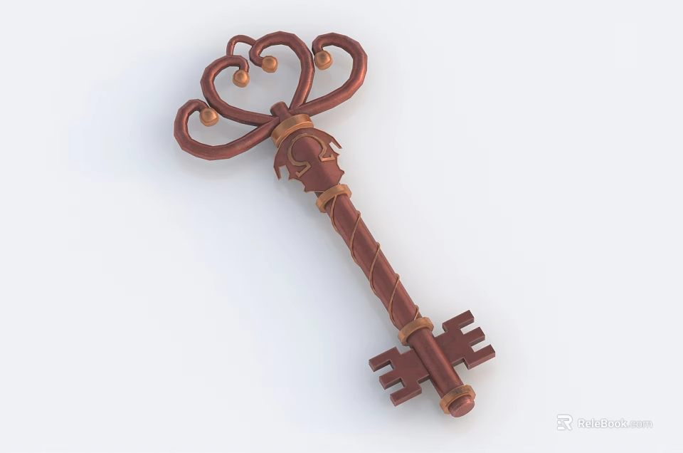 Decorative Brown Key Weapon with Curved Top Small Beads Twisted Handle and Square Teeth 3d model 