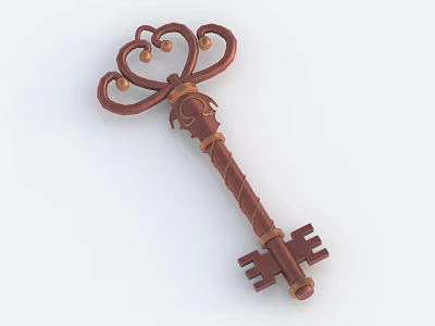 Decorative Brown Key Weapon with Curved Top Small Beads Twisted Handle and Square Teeth 3d model