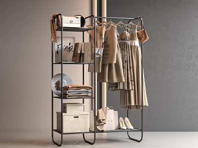 Stylish Clothes On Modern Clothing Rack With Dresses Folded Clothes Boxes Handbag And White Shoes 3d model