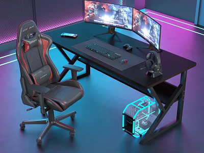 Gaming Desk Setup With Multiple Monitors Ergonomic Chair Keyboard Mouse And RGB Lighting 3d model