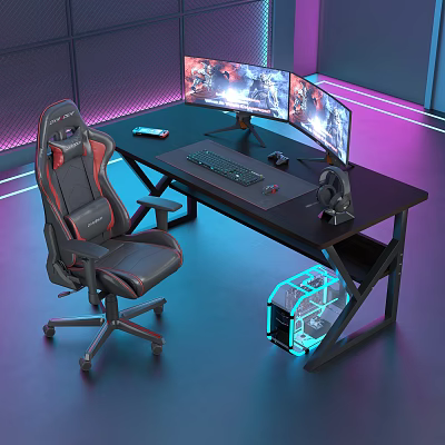 Gaming Desk Setup With Multiple Monitors Ergonomic Chair Keyboard Mouse And RGB Lighting 3d model