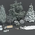 Winter Garden Landscape With Snow Covered Trees Bench And Snowman Decorations