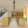 Modern Specialty Store Interior With Hexagonal Display Counter Wooden Shelves Marble Floor And Green Plant