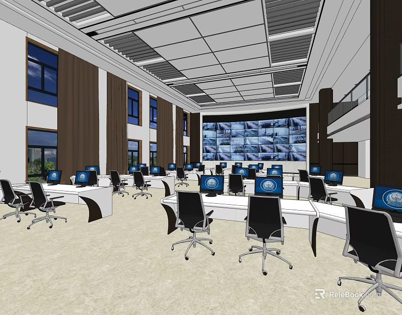 Spacious Modern Control Room Featuring Large Screens Multiple Computers And Office Chairs 3d model