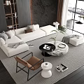 Modern White Sofa and Round Coffee Table Set with Throw Pillows Gray Rug and View 3d model