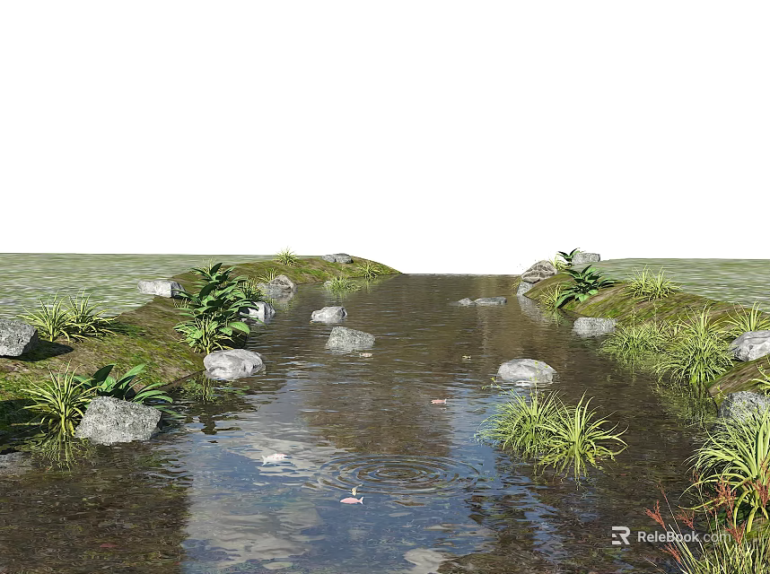 Serene Waterfront Landscape With Meandering Stream Smooth Stones Lush Grass And Aquatic Plants 3d model 