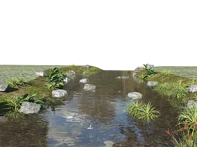 Serene Waterfront Landscape With Meandering Stream Smooth Stones Lush Grass And Aquatic Plants 3d model