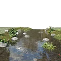 Serene Waterfront Landscape With Meandering Stream Smooth Stones Lush Grass And Aquatic Plants