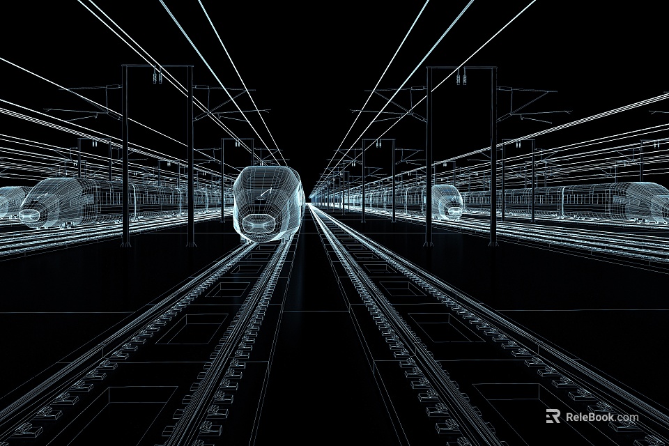 Blue Outlined High Speed Train On Tracks In 3D Wireframe Style With Multiple Silhouettes 3d model 