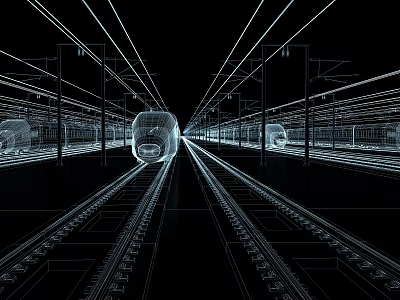 Blue Outlined High Speed Train On Tracks In 3D Wireframe Style With Multiple Silhouettes 3d model