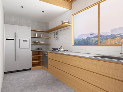 Modern Restaurant Kitchen With Stainless Steel Refrigerator Wooden Cabinets Countertops Window And City View 3d model