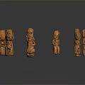 Scenic View Of Multiple Wooden Carvings Arranged On Dark Background
