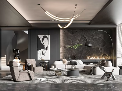 Modern Living Room Interior With Curved Chandelier Abstract Painting Fireplace Sofa Armchairs And Patterned Rug 3d model