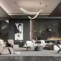 Modern Living Room Interior With Curved Chandelier Abstract Painting Fireplace Sofa Armchairs And Patterned Rug
