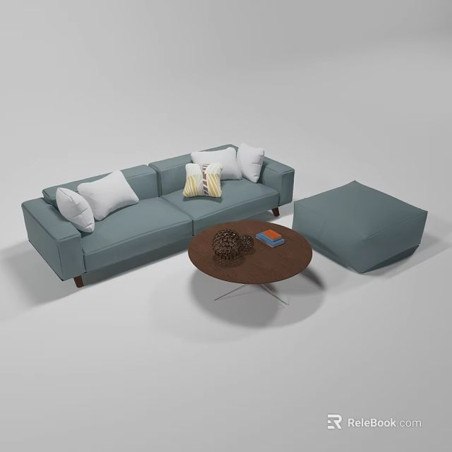 Light Blue Sofa with White Patterned Pillows Round Wooden Coffee Table and Ottoman Set 3d model