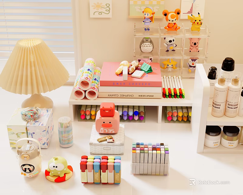 Organized Kids Desk With Stuffed Toys Stationery Colorful Markers And Table Lamp 3d model 