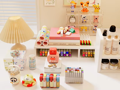 Organized Kids Desk With Stuffed Toys Stationery Colorful Markers And Table Lamp 3d model