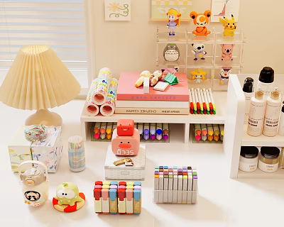 Organized Kids Desk With Stuffed Toys Stationery Colorful Markers And Table Lamp 3d model