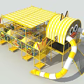 Colorful Playground Equipment With Yellow White Striped Canopy Cartoon Duck Design Slide And Netted Enclosure