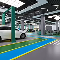 Modern Auto Showroom Interior With Green And Blue Floor Lines And Display Cars