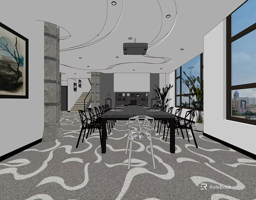 Modern Conference Room Interior With Long Table Black Chairs Projector And Large Windows 3d model 