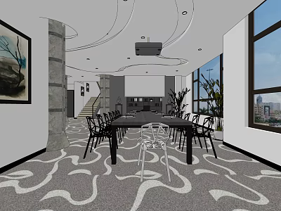 Modern Conference Room Interior With Long Table Black Chairs Projector And Large Windows 3d model