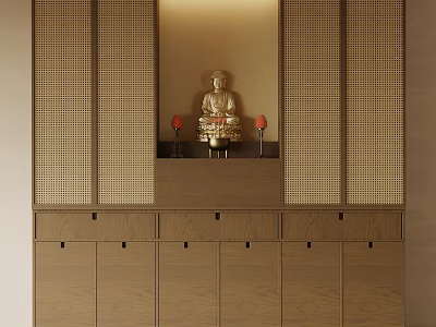 Japanese Style Wooden Buddhist Shrine Cabinet With Lattice Design Buddha Statue And Red Candles 3d model
