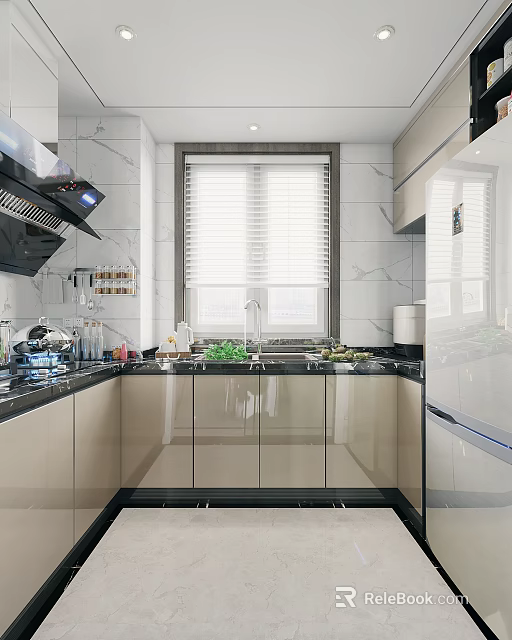 Modern Kitchen Interior Design Featuring Cabinets Range Hood Marble Wall Window Blinds Countertop with Vegetables 3d model