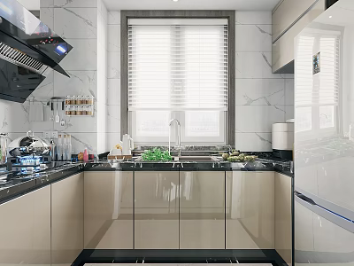 Modern Kitchen Interior Design Featuring Cabinets Range Hood Marble Wall Window Blinds Countertop with Vegetables 3d model