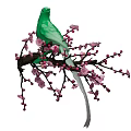 Beautiful Green Bird with Long Tail Perched on Tree Branches with Pink Flowers
