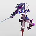 Tech Exhibition Hall Showcasing Futuristic Character Model with Purple Long Hair Spiked Headdress and Weapon