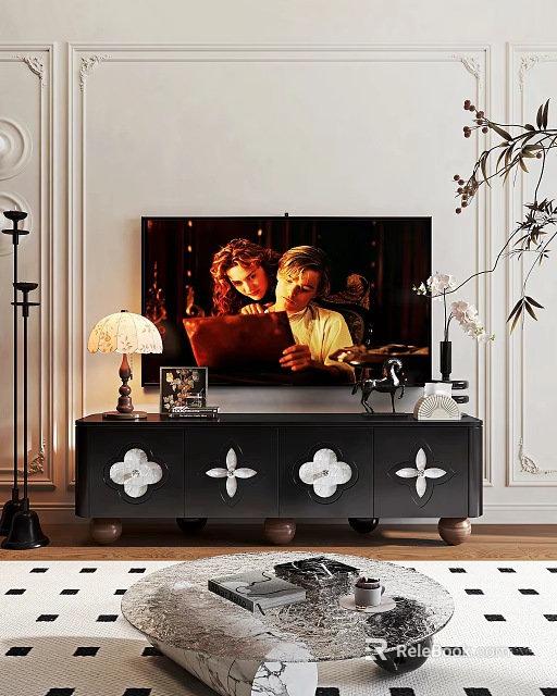 Black TV Stand with White Floral Decor Brown Legs TV Lamp Decor on White Wall 3d model 
