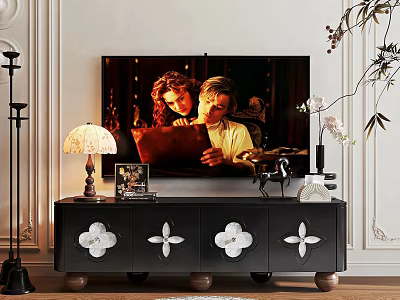 Black TV Stand with White Floral Decor Brown Legs TV Lamp Decor on White Wall 3d model