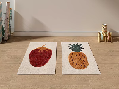 Cute Square Rugs with Strawberry and Pineapple Patterns on Wooden Floor 3d model