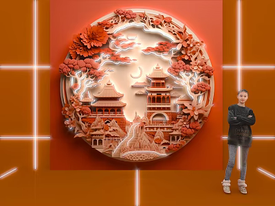 Chinese Style Relief With Traditional Architecture Flowers Landscape And Neon Light With Person 3d model