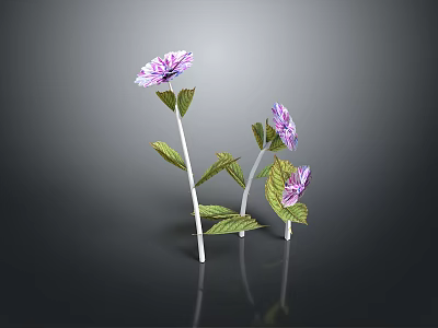Purple Flowers With Green Leaves And White Stems On Dark Background With Reflection 3d model