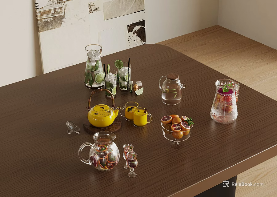 Refreshing Beverages Display on Wooden Table with Yellow Teapot Glass Cups and Citrus Fruits 3d model 