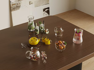 Refreshing Beverages Display on Wooden Table with Yellow Teapot Glass Cups and Citrus Fruits 3d model