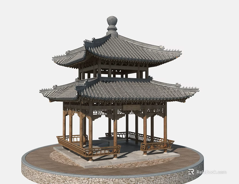 Traditional Chinese Pavilion With Two Tiered Roof Wooden Frame And Circular Stone Base 3d model 